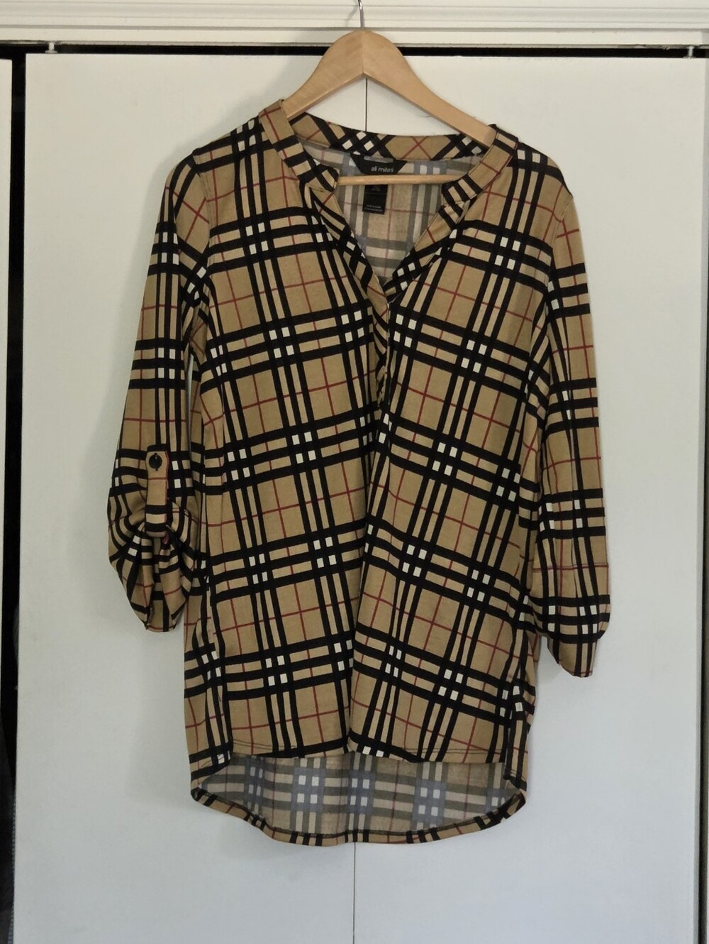 Ali Miles Beige Plaid V-Neck Roll-Tab Tunic